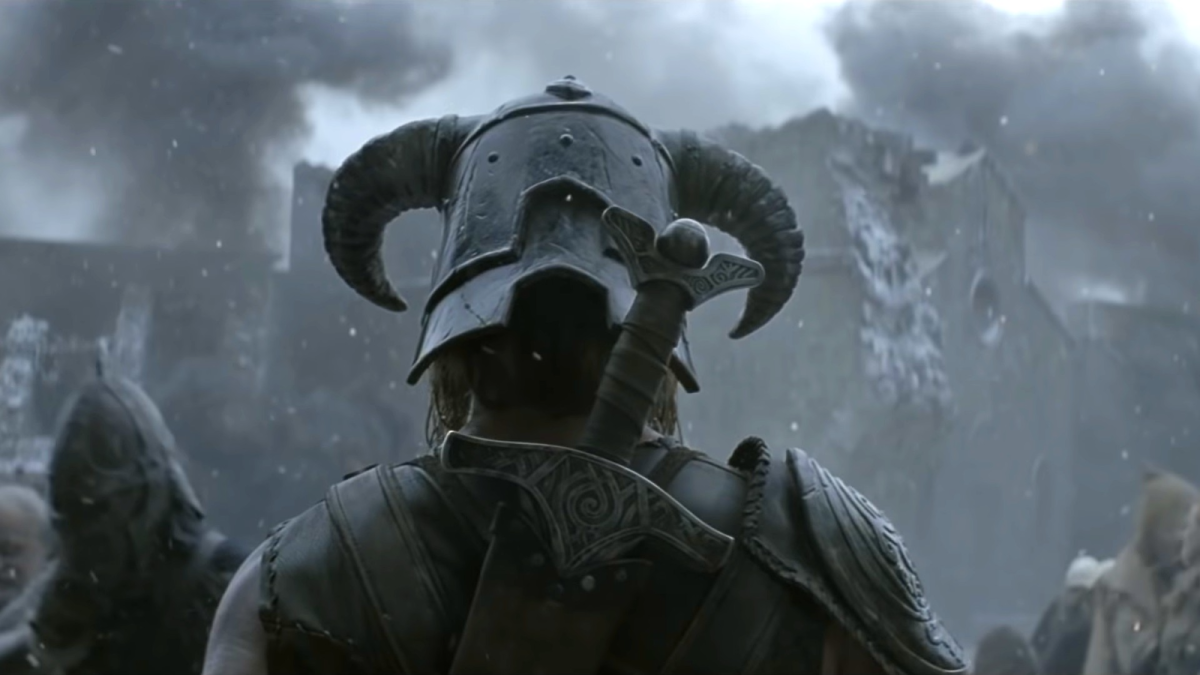 A view of the Dovahkiin from behind in Elder Scrolls V Skyrim.