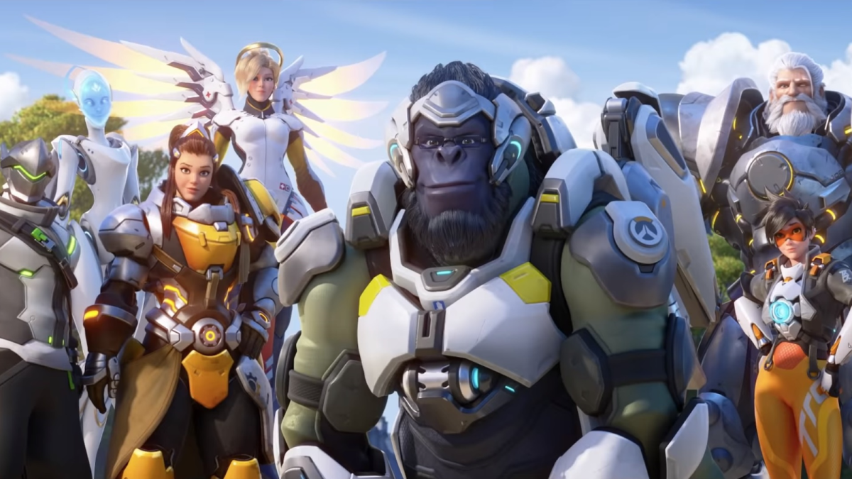 Overwatch heroes like Winston, Genji, Mercy, and more preparing for battle.