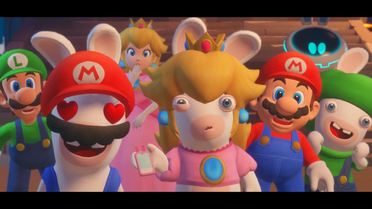 A screengrab from Mario + Rabbids: Sparks of Hope that shows the main cast at Sunrise Temple