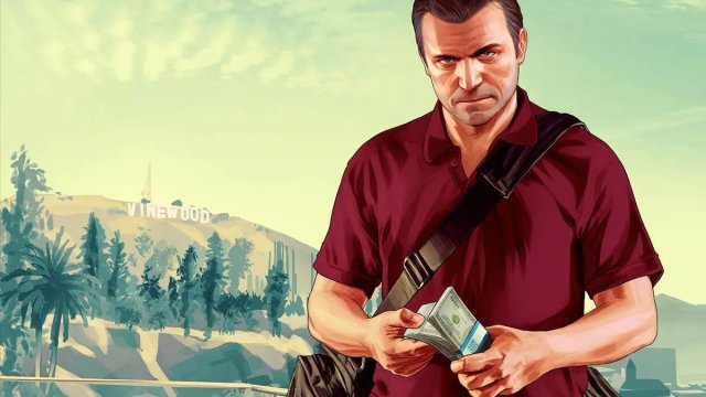 Michael from GTA 5 in the series' iconic comic style. He's stood counting a wad of cash