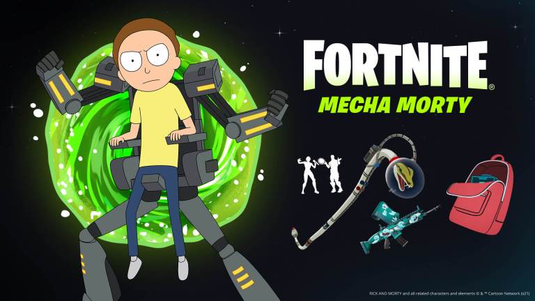 A promo image for the Morty bundle in Fortnite showing his Mecha Morty skin, a snake pickaxe, a mr meeseeks wrap, and his backpack