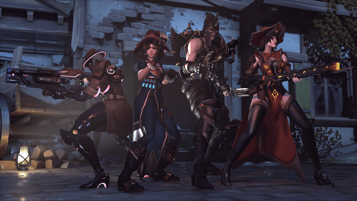 Overwatch characters dressed in Halloween costumes and posing.