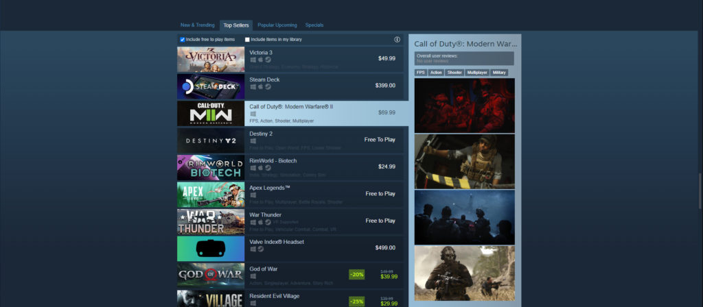 A screengrab of the Top Sellers list on Steam's desktop app showing Victoria 3 above games like Modern Warfare 2 and the Steam Deck