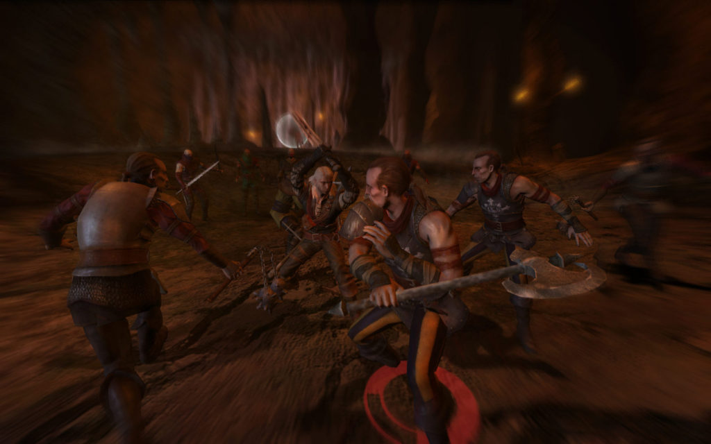 A screengrab from The Witcher showing Geralt surrounded by bandits as he fights them off