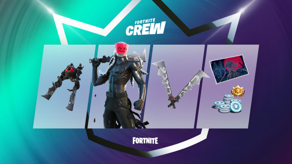 A promotional image from Fortnite showing the November Crew pack items including the Inkquisitor skin and two saw-like swords, among others