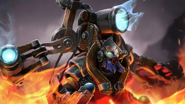 Tinker, a hero from Dota 2, stands with fire swirling around him.