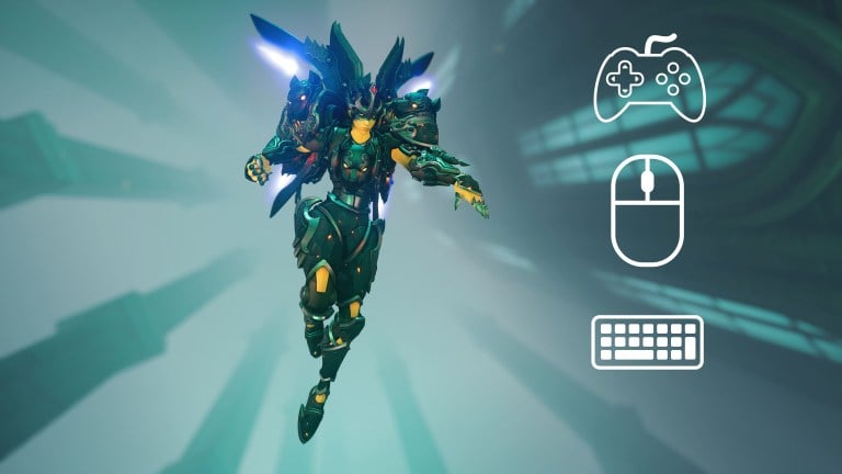 Pharah from Overwatch 2 hovers with her jetpack while an image of a controller, mouse, and keyboard hover nearby.