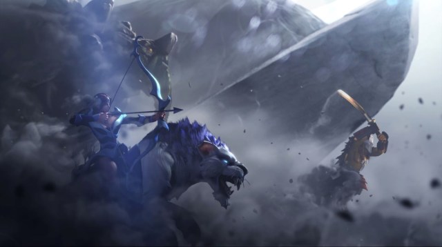 Mirana, a Dota 2 hero, firing a bow while riding on top of a tiger-like animal in Dota 2.