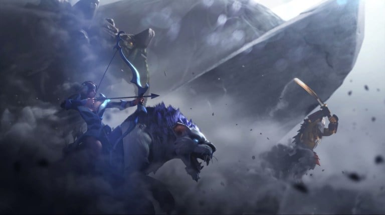 Mirana, a Dota 2 hero, firing a bow while riding on top of a tiger-like animal in Dota 2.