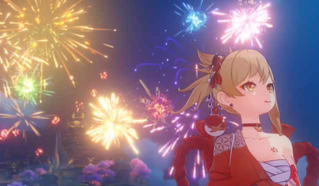 Yoimiya with fireworks behind her.