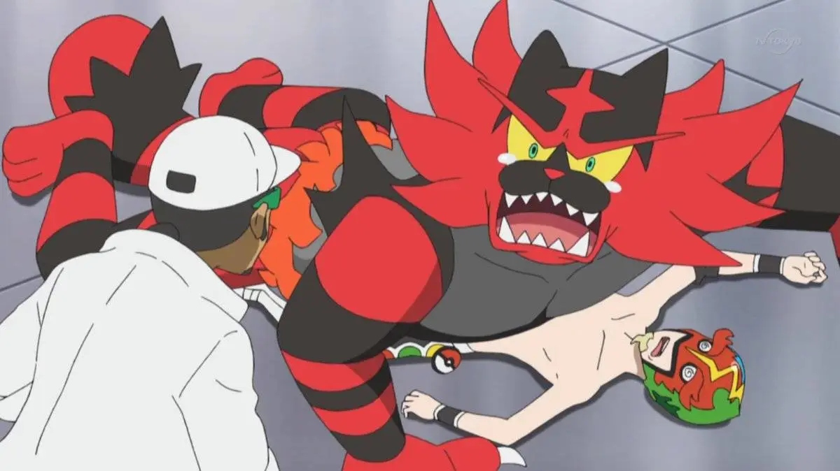 Incineroar crying to Professor Kukui in the Pokemon anime series.