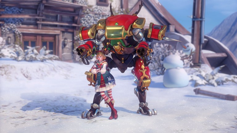 D.Va wears a festive skin with reindeer antlers.