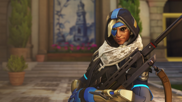 Ana in Overwatch 2 sitting at Esperança spawn