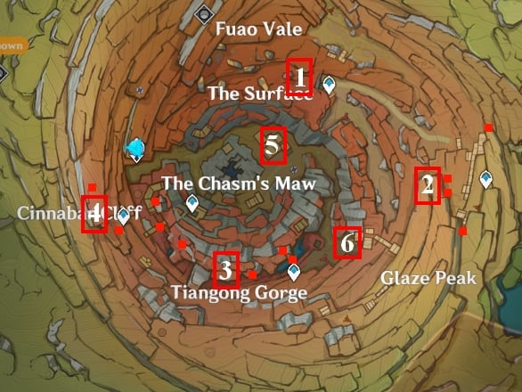 Map of the memorial offering locations in Genshin inpact