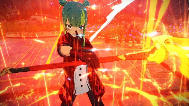 A green haired character wielding a staff surrounded by fire effects in blue protocol