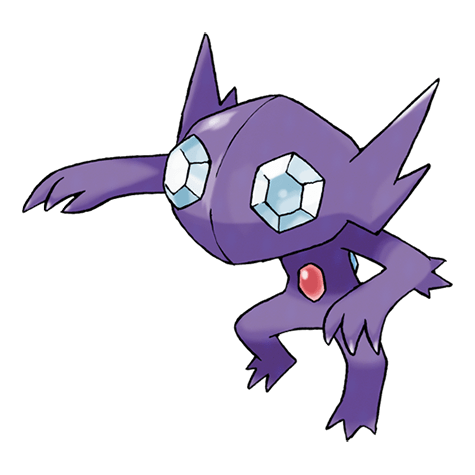 Sableye is a Pokémon with a purple body, blue gems for eyes, and a red gem on its stomach.