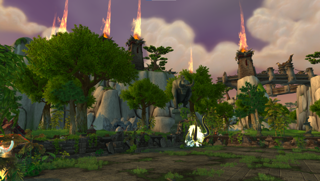 World of Warcraft Timeless Isle. Pictured in the background is Niuzao, surrounded by trees and pillars of flame. 