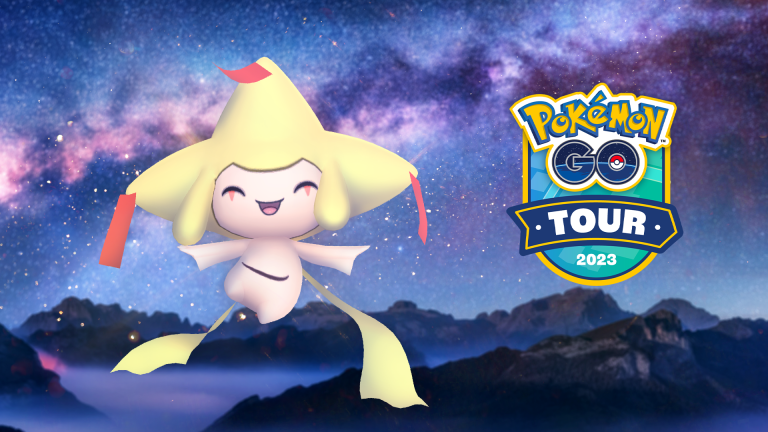 An image of a Jirachi by the Pokemon Go Tour logo