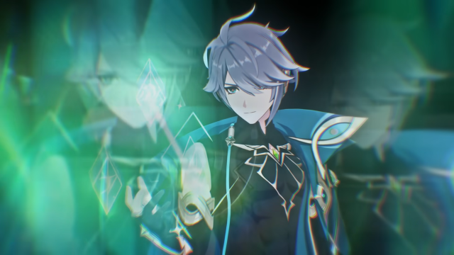 The five-star Dendro Sword character Alhaitham casting his Dendro powers and smiling.