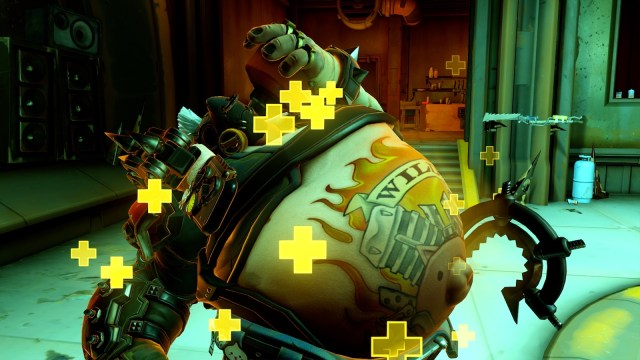 Overwatch hero Roadhog seemingly preparing for battle.