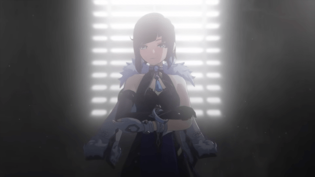 Yelan standing in front of a window with light shining over her as she stands with her arms crossed.