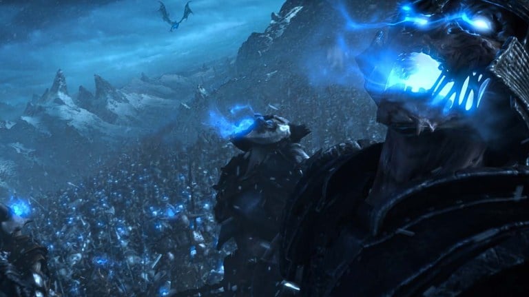 Screencap from the WoW Wrath of the Lich King cinematic as Arthas returns undead soldiers to life.