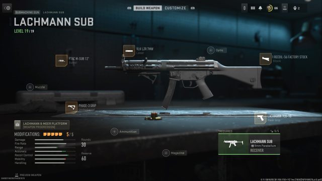 A screenshot of the weapon gunsmith in Call of Duty: Modern Warfare 2, with the Lachmann Sub selected.