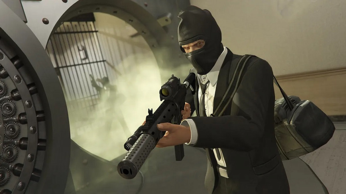 Bank robber stands in front of a vault holding a silenced assault rifle