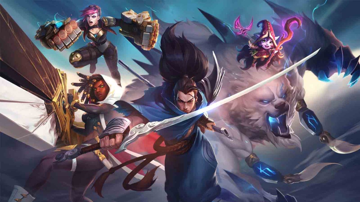 An image of Yasuo, Senna, Vi, Volibear, and Lulu storming into battle.