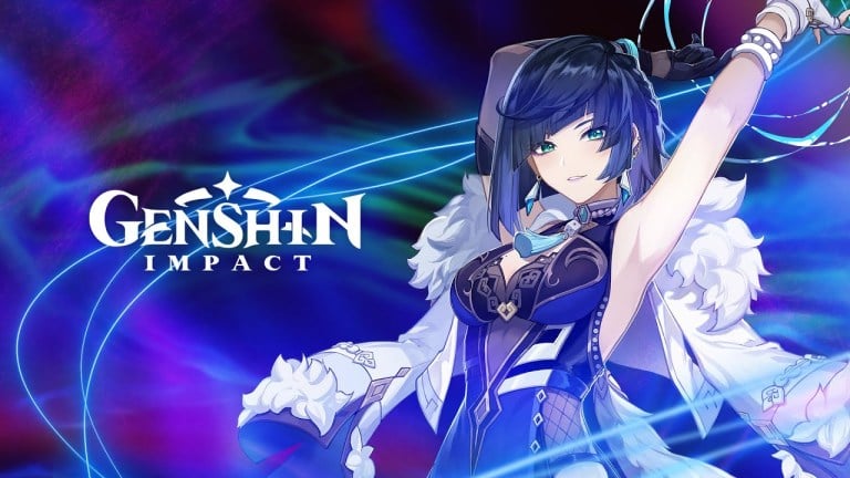 Yelan standing with her arms over her head and leaning back next to the Genshin Impact logo.