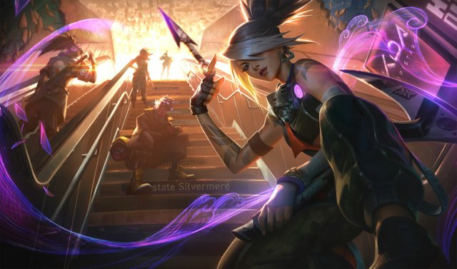 Akali, a champion from League of Legends, prepares to fight on the Rift.