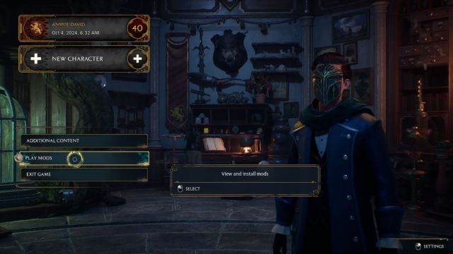 Play Mods tab in Hogwarts Legacy main menu