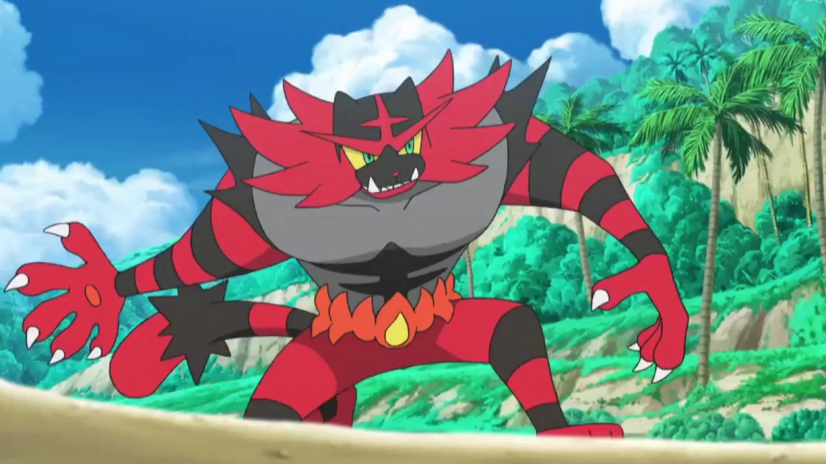 Incineroar kneeling in the Pokémon anime