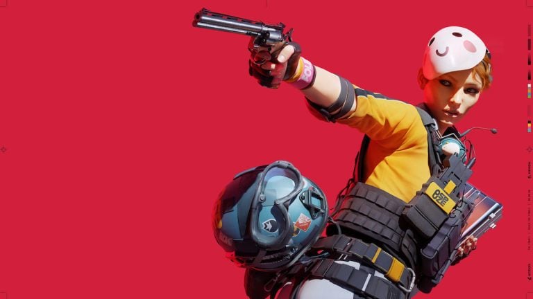 A character wearing an orange shirt and a mask on their head holds out a pistol against a red background.