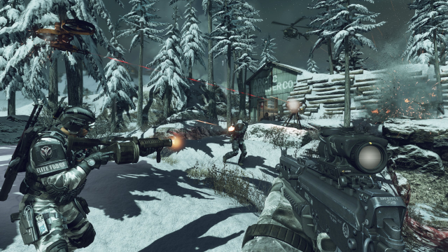 first person in-game view of Call of Duty: Ghosts and aiming an automatic weapon.