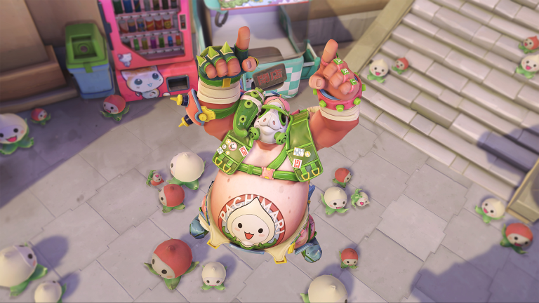 Roadhog from Overwatch 2 jumping in the air and celebrating with an assortment of pachimari surrounding the character.