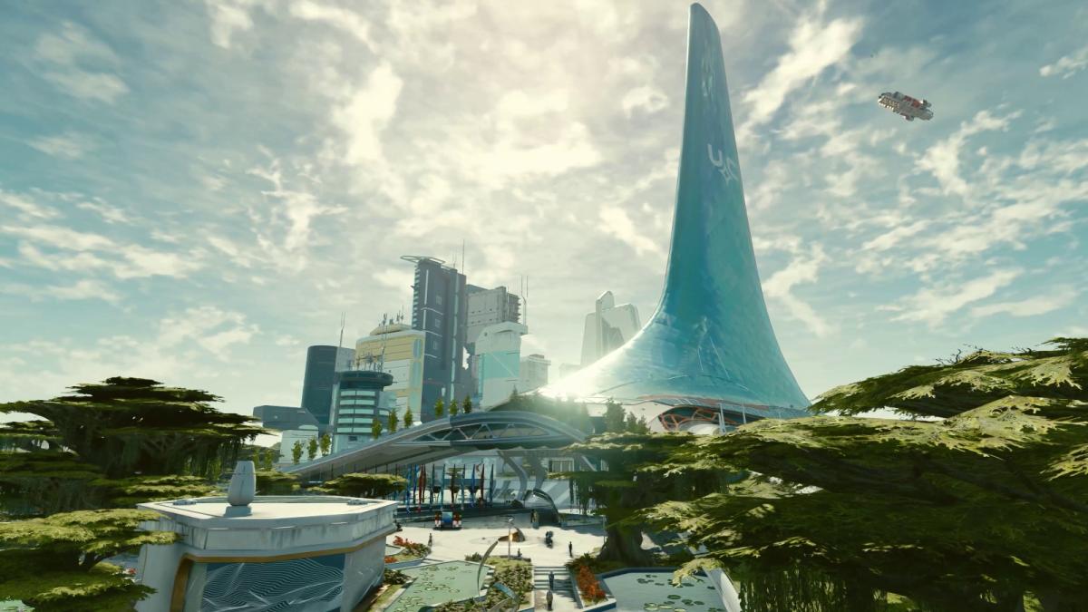 A towering skyscaper dominates the skyline in the city of New Atlantis in Starfield.