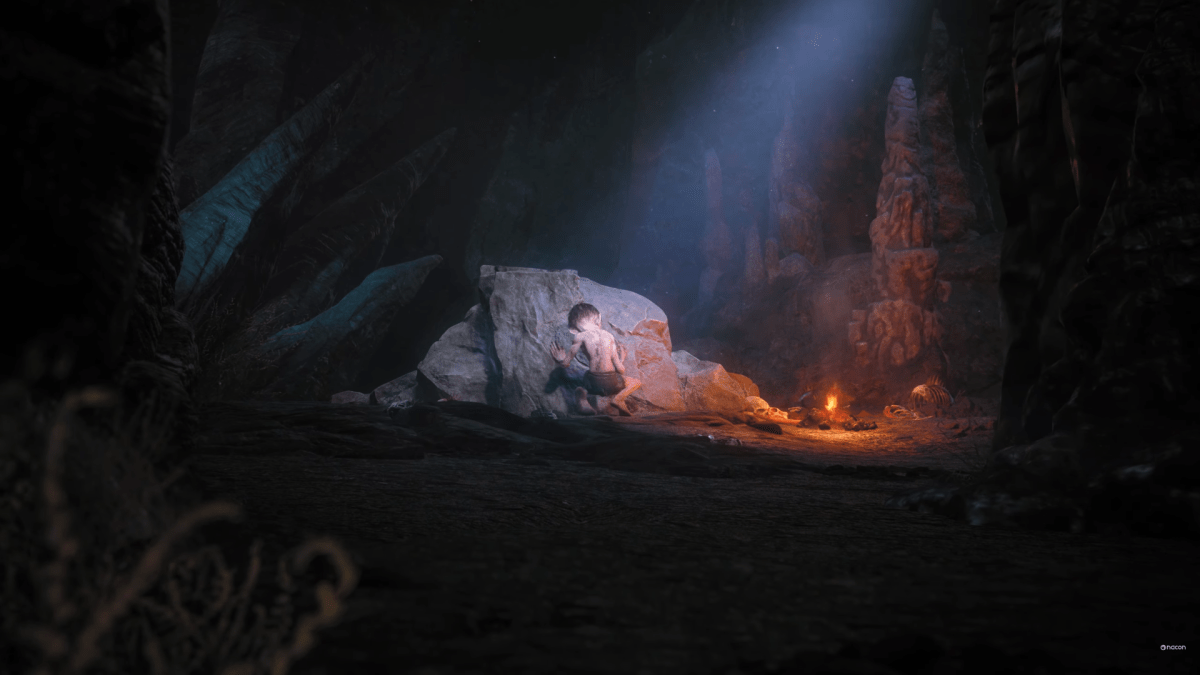 Gollum, from The Lord of the Rings, laying still in a cave.