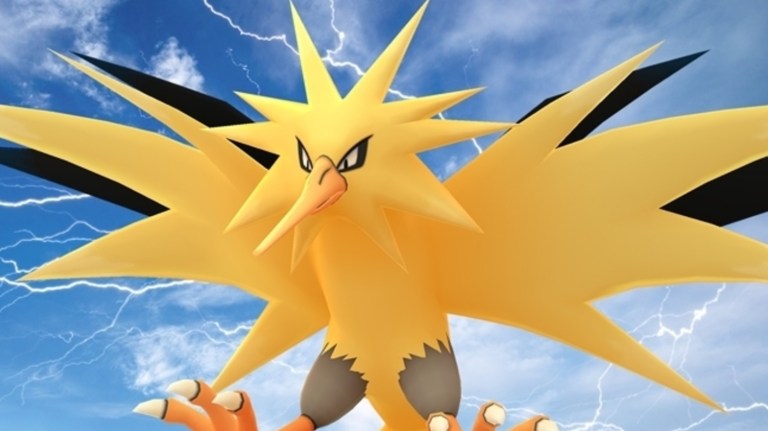 Zapdos flying in the sky in Pokemon.