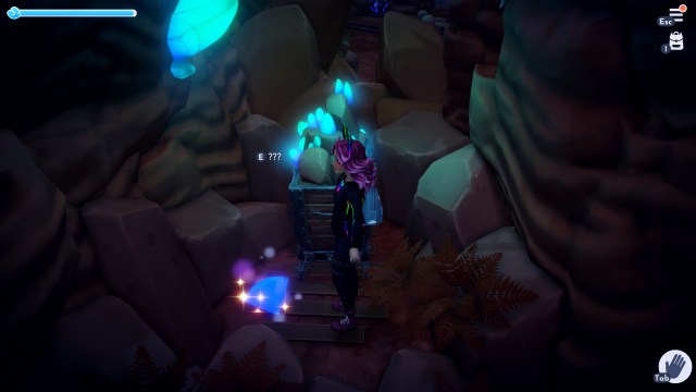 The player looking at the Blue Gem.