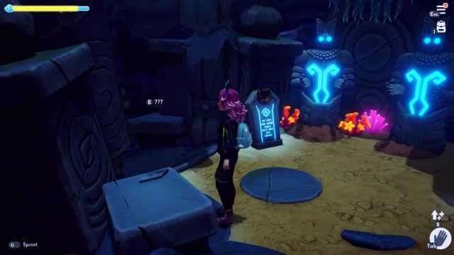 The player looking at a diamond symbol in the Mystical Cave.