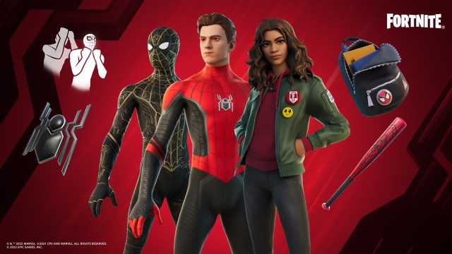 From left to right we have black suit Spidey, Tom holland maskless suit Spidey, and olive-green jacket MJ from No Way home with a backpack and baseball bat on the right.