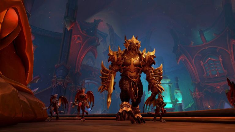 Multiple dragonkin are featured in WoW's newest raid, Aberrus, the Shadowed Crucible. In this image, four dragons walk the halls of the raid's main atrium.