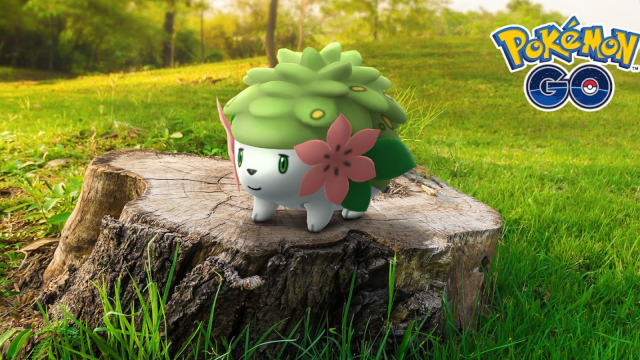 Shaymin perching on a tree stump.