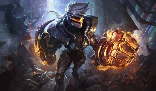 Vi wields her huge gauntlets in League of Legends