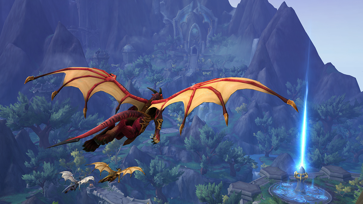 Dracthyr Evoker flying over the Forbidden Reach