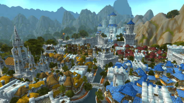 An overhead view of Stormwind City, the human faction capital in World of Warcraft, and one of the game's oldest, most historic cities.