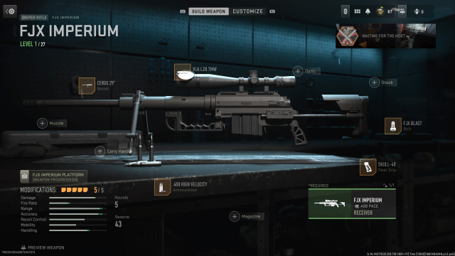 A screenshot of the FJX Imperium sniper rifle's best attachments in Warzone 2.