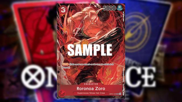 Zoro from One Piece appears on a Red Character card from the Bandai card game.