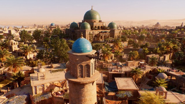 Displays an atmospheric bird's eye view of Baghdad in Assassin's Creed Mirage.